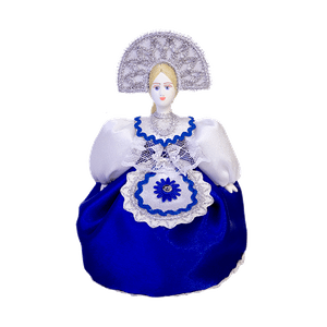 Кукла сувенирная Русская красавица 18см бело-синий костюм