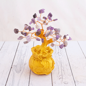 Дерево денежное Аметист фиолетовый 15 см в золотом мешке натуральный камень