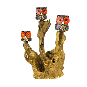Интерьерная композиция Три совы на дереве 30х45 см резьба Цветок