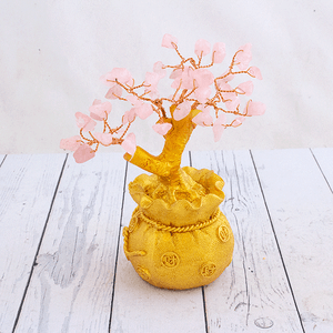 Дерево денежное Кварц розовый 15 см в золотом мешке натуральный камень