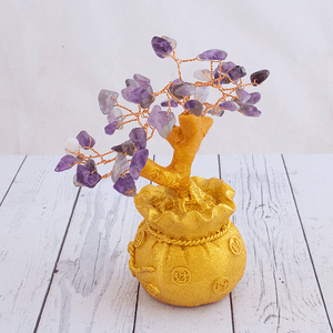 Дерево денежное Аметист фиолетовый 15 см в золотом мешке натуральный камень