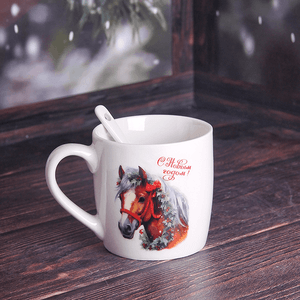 Кружка с ложкой Символ года 2026 Лошадь 200 мл рыжая масть