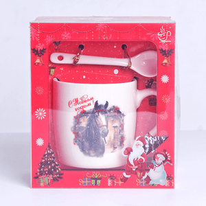 Кружка с ложкой Символ года 2026 Лошадь 200 мл снежная