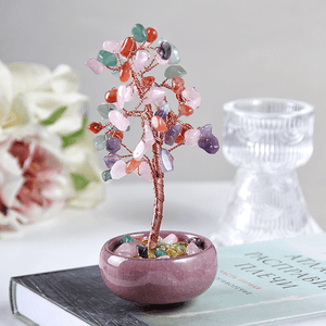 Дерево денежное 15 см Микс из камней натуральный камень лиловое кашпо