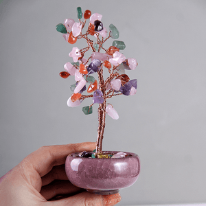 Дерево денежное 15 см Микс из камней натуральный камень лиловое кашпо
