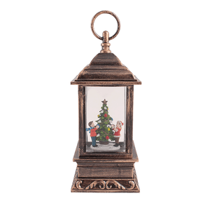 Новогодний фонарь Дети и елка 28 см подсветка под бронзу