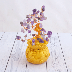 Дерево Аметист фиолетовый 15 см в золотом мешке натруальный камень