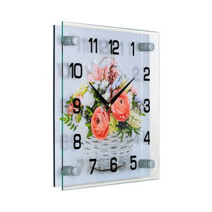 Часы картина Квадро 25х25 см Букет в корзине белый фон