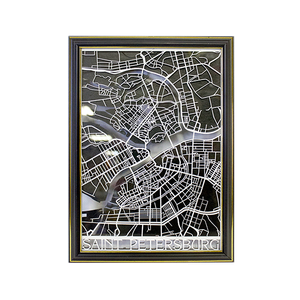 Картина Карта объемная Санкт-Петербурга 24х33см чёрно-белая в чёрной раме