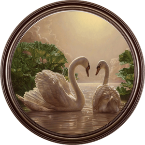 Картина в круглой раме 49х49 см Пара лебедей темная рама