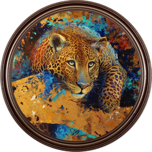 Картина в круглой раме 49х49 см Леопард темная рама