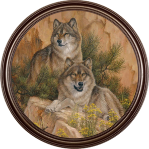 Картина в круглой раме 49х49 см Два волка на скалах темная рама