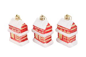 Елочные игрушки Новогодние домики Набор 3 шт 8 см красно-белые с золотом