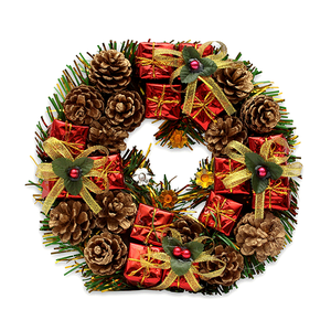 Новогодний декоративный венок Шишки и подарки 22 см красный с золотом