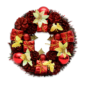Новогодний декоративный венок Цветы Шишки и подарки 22 см красный с золотом