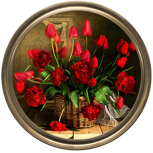 Картина в круглой раме 49х49 см Красные тюльпаны в корзинке бронзовая рама