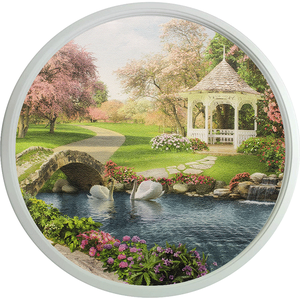 Картина в круглой раме 48х48 см Весенний сад белая рама