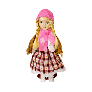 Кукла Леди Осень 32 см платье клетка белая жилетка розовые шапка и шарф в ассортименте