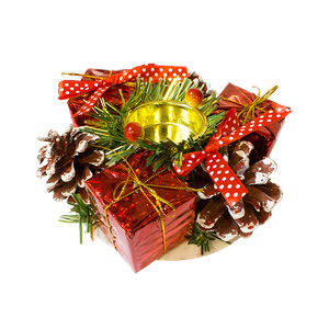 Подсвечник новогодний на 1 свечу 12 см  Шишки подарки красный бант в горох
