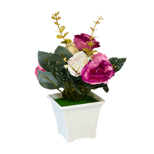 Букет декоративный Розы и мимоза 20 см розово-малиновый