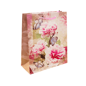 Пакет подарочный 18х21х8 см Пионы и бабочки розово-зеленый