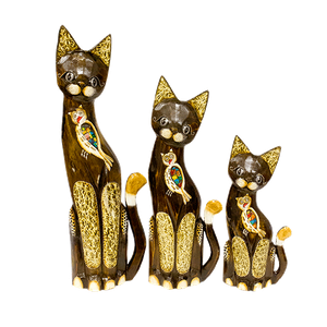 Кошки Семья 50,40,30 см инкрустация стеклом в виде совы абстракция роспись мазками коричневые