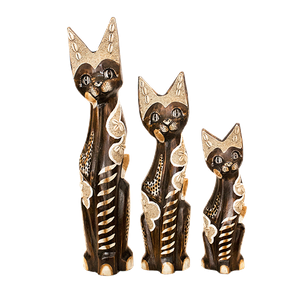 Кошки в мечтах Семья 50,40,30 см инкрустация ракушками полоски роспись коричневые