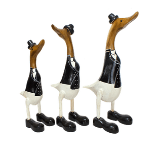 Утки в шляпах Семья 43,34,27 см Фрак с галстуками черно-белые тиковое дерево