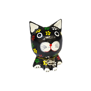 Кошка с бубенчиком 10 см черная роспись цветами албезия