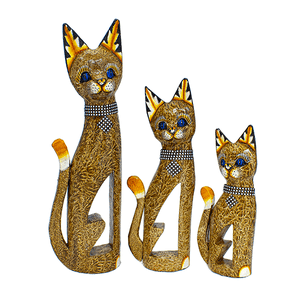 Кошки резные Семья 50,40,30 см ожерелье стразы роспись мазками карамельные