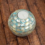 Подсвечник со свечой Жемчужина 10 см Мозаика натуральный перламутр с мятным цветом