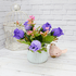 Букет декоративный Розы 20 см цветы в фиолетовых тонах голубое кашпо