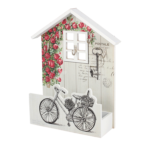 Ключница открытая с полкой на 5 крючков Домик Алые розы и велосипед 25х30 см белая