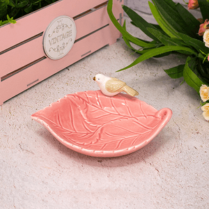 Тарелка декоративная Три листочка Птичка 16х5 см розовая керамика