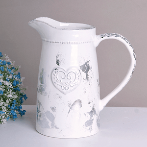 Ваза Кувшин Сердце Флора 19х21 см белая с серебром