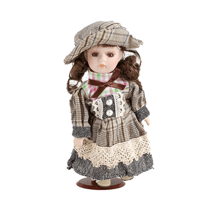 Кукла Девочка брюнетка 20 см бежево-коричневое платье в клетку