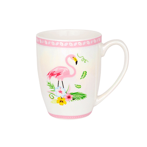 Кружка Фламинго 300 мл тропические цветы белая перламутр