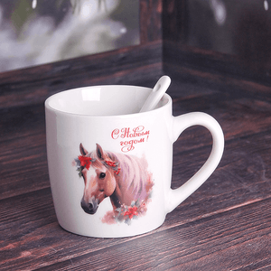 Кружка с ложкой Символ года 2026 Лошадь 200 мл русская красавица