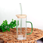 Кружка с бамбуковой крышкой 350 мл Квадро прозрачный с зеленым