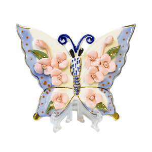 Бабочка Ажур с розовыми Цветами на подставке 13х11 см бело-голубая фарфор